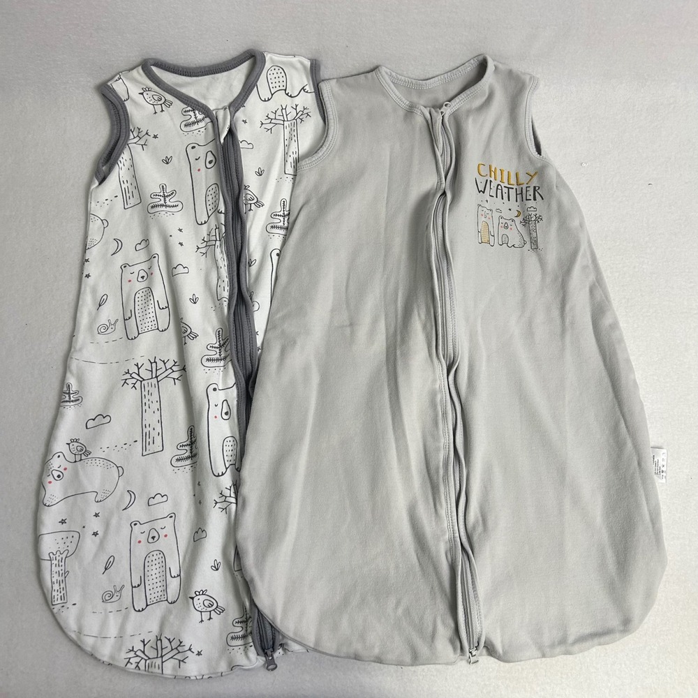 Woodland Bear Yoofoss Kids S 0-6M Gray White Cotton 2-Way Zip Sleep Sack 2-Pack